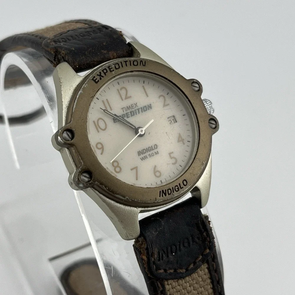 Vtg Timex Expedition‎ Watch Women Indiglo 32mm Gold Tone Leather- New Battery